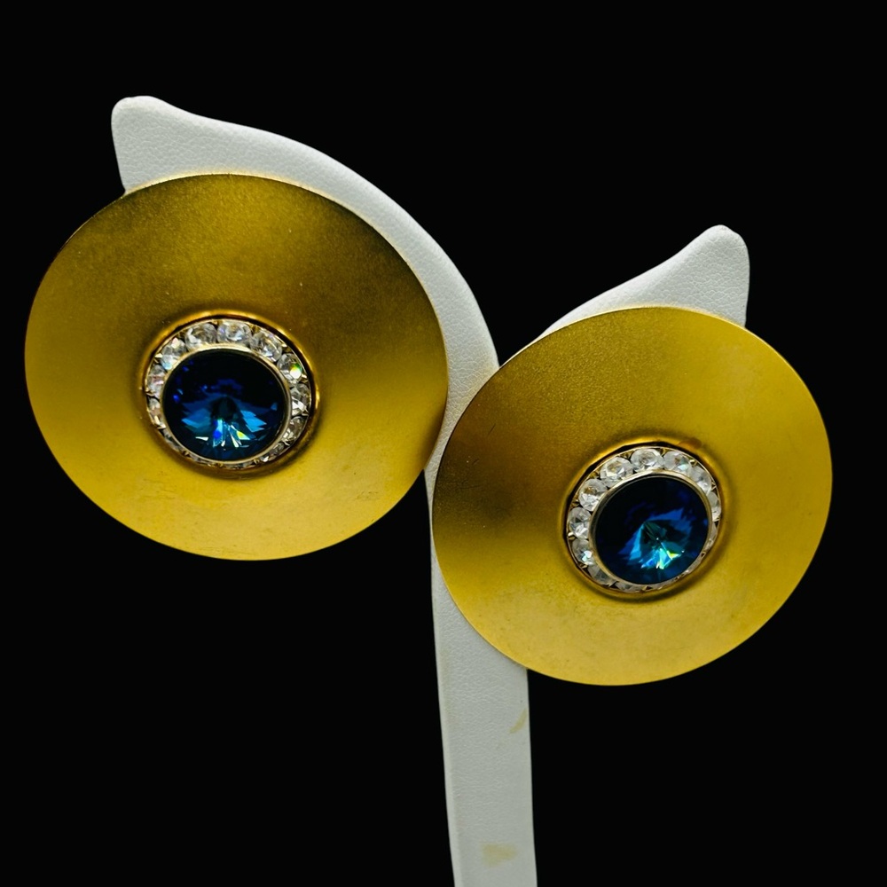 Amazing Huge Blue Rivoli Disk Earrings Matte Gold Tone